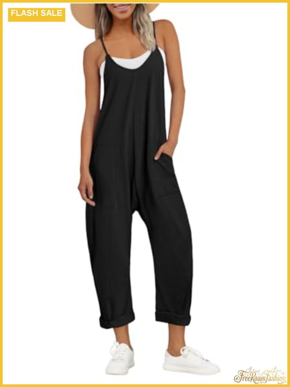 Casual Summer Jumpsuit, Cotton Spandex, Sleeveless Romper with Pockets, Beach
